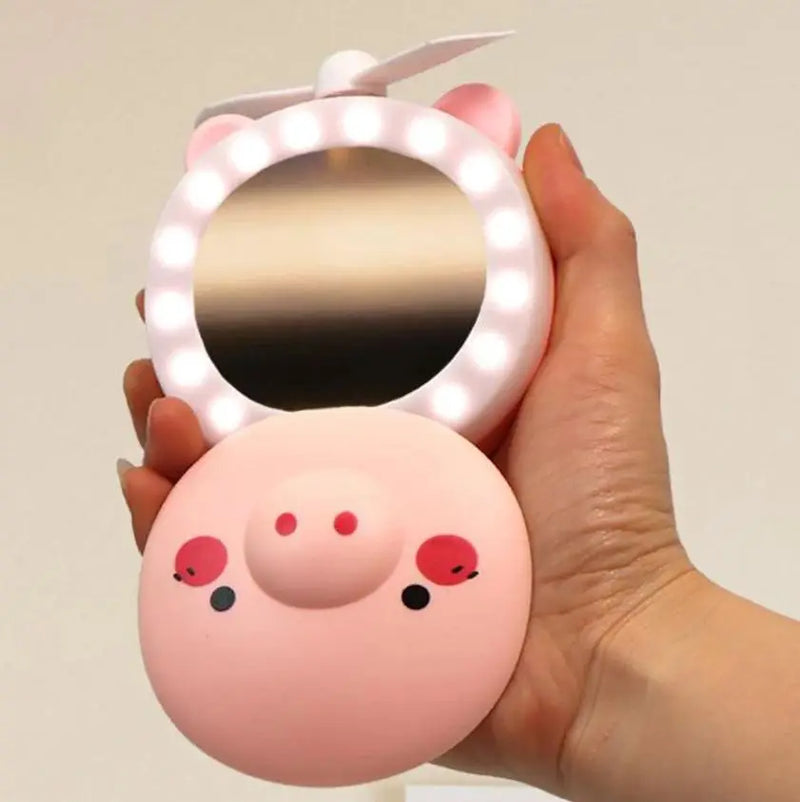 Espelho de maquiagem portátil luzes led piggy com mini ventilador recarregável usb-entrega rápida para todo o brasil