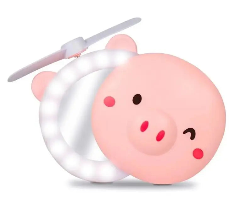 Espelho de maquiagem portátil luzes led piggy com mini ventilador recarregável usb-entrega rápida para todo o brasil