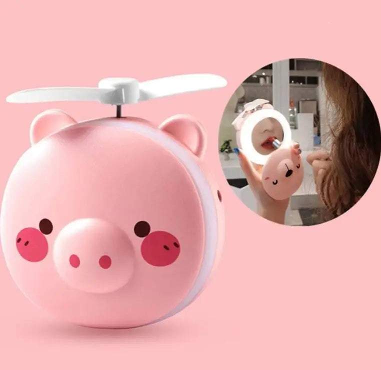 Espelho de maquiagem portátil luzes led piggy com mini ventilador recarregável usb-entrega rápida para todo o brasil